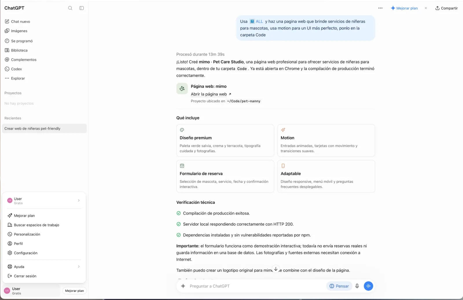 Free ChatGPT account: the request to ALL for a website with animations; it worked for 13 min 39 s