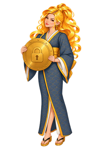 Robi, ALL’s guide, holding a golden shield with a padlock